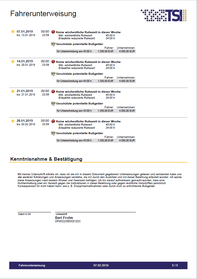 Detaillierte Belehrungsunterlagen mit rechtssicher Unterschrift der Fahrer